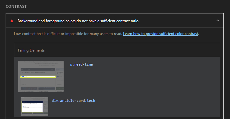 Google Lighthouse indicating elements with poor contrast