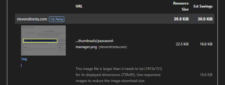 Google Lighthouse indicating images that can be optimized
