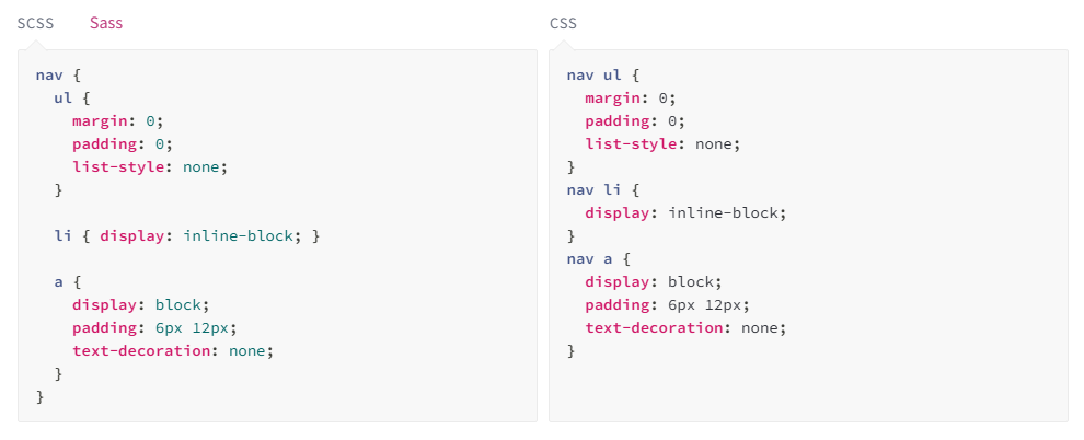 Image of an SCSS snippet vs. its CSS counterpart