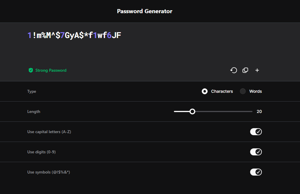 Image of NordPass generating a very complex 20-character password