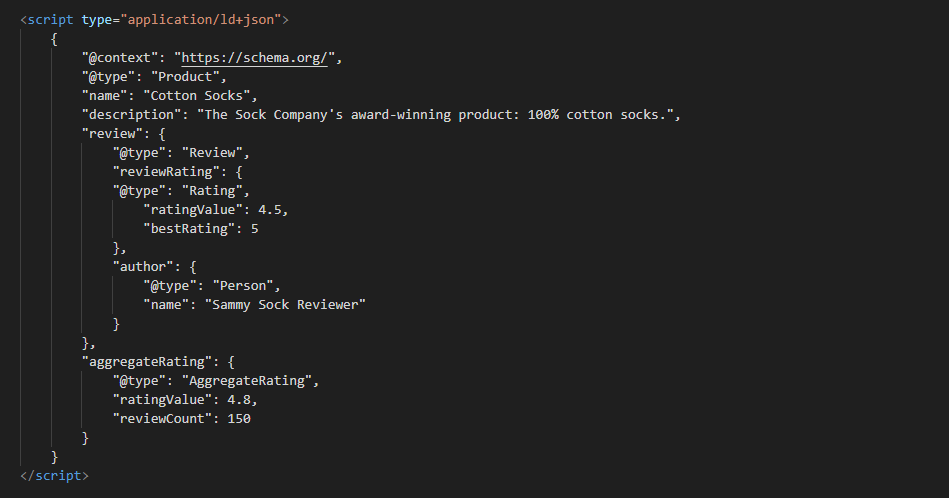 Image of JSON-LD schema with several properties defined (name, description, review)