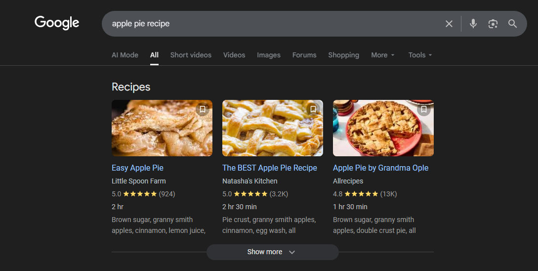 Image of apple pie recipes in the rich results