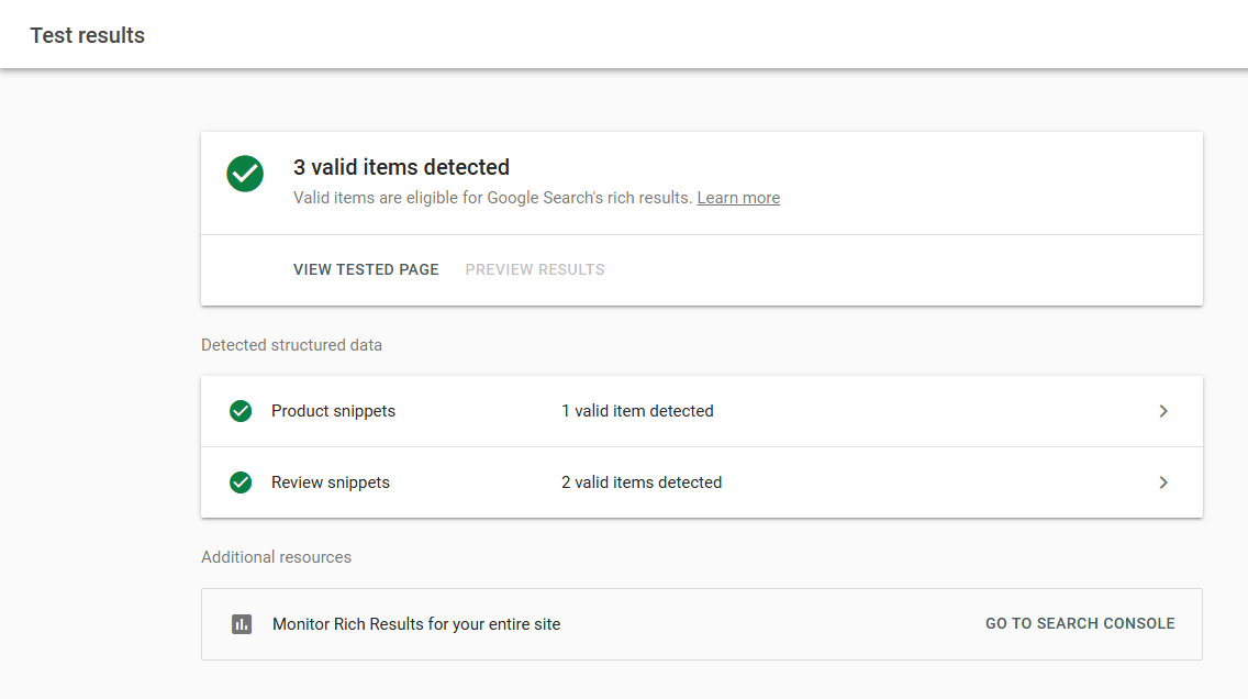 Summary of Rich Results eligibility test